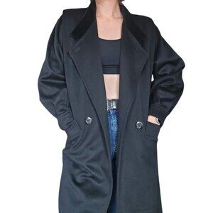 Vintage 1980s Michelle Stuart Black Wool Velvet Trimmed Trench Coat Estimated 14